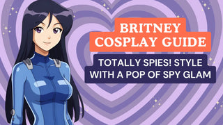 Totally Spies Britney in a blue spy jumpsuit next to cosplay guide text on a purple heart background.