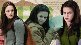 Collage of Bella Swan outfits showing Kristen Stewart wearing casual grey, beige, and green layers.