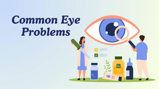 Common Eye Problems text with doctors inspecting a giant blue eye beside eye drops, ointment, and medicine bottles.