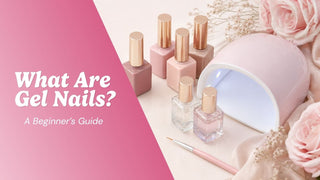 Gel polish bottles beside an LED curing lamp, base coat, top coat, and brush
