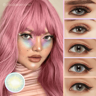 Woman with long pink hair, pastel rainbow makeup, and pearl face accents. Four close-ups of eyes with different colored contact lenses appear on the right. A blue contact lens is shown at bottom left.