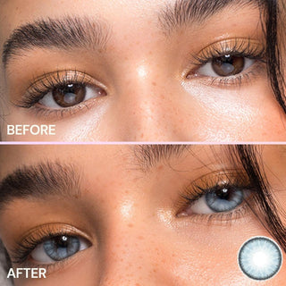 Aqua Blue enlarging contact lens with dark limbal ring on an Asian eye with natural-looking lashes and makeup applied