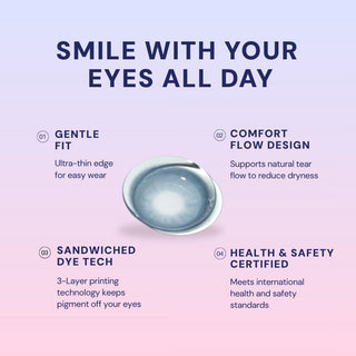 Macro shot of EyeCandys Doe Blue colored contact lens – airy blue shade with subtle limbal ring and delicate pattern detail for natural enlargement and bright, sparkling eyes.