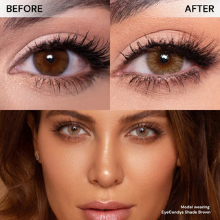 Close-up before-and-after: a brown eye with natural lashes, then wearing EyeCandys Shade Brown contacts for a subtle look. Below, a woman with brown eyes and makeup gazes at the camera. Text: "Model wearing EyeCandys Shade Brown.