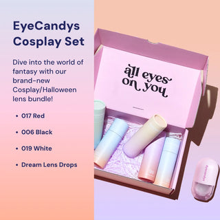Cosplay lens set with packaging labeled 'all eyes on you' on a gradient background