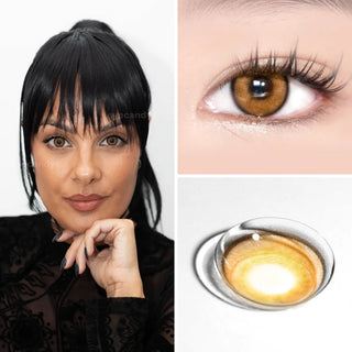 Set of images showing model wearing EyeCandys Powerglow Brown colored prescription contact lenses – full face, close-up of eyes with long lashes, and lens macro. Ultra-vibrant orange-brown lenses with defined iris, full coverage, and all-day comfort for cosplay and bold transformations.