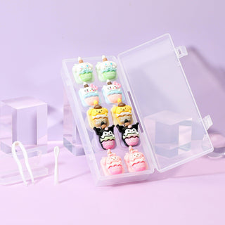 Innovative contact lens case design featuring kawaii cartoon characters. This set contains 5 lens cases, each holding 1 pair of contact lenses, in a clear plastic case, along with silicone applicator tools