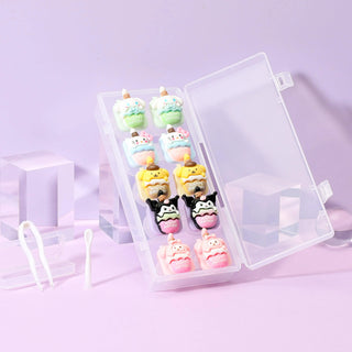 Innovative contact lens case design featuring kawaii cartoon characters. This set contains 5 lens cases, each holding 1 pair of contact lenses, in a clear plastic case, along with silicone applicator tools