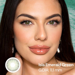 Female model wearing green prescription contact lenses on dark eyes