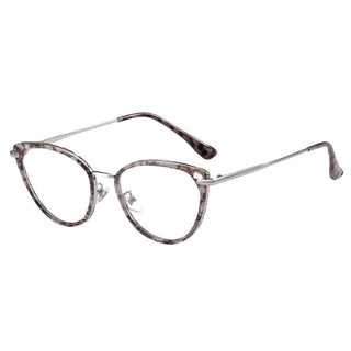 EyeCandys Aura Cat Eye: Wide fit cat-eye glasses in marbled gray and brown, featuring a metal bridge and slim temples, displayed on a white background.