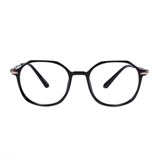 Elegant black glasses on a white surface, representing EyeCandys Vera Round vintage frames with Blue Light Blocking, Transitions and polarized options