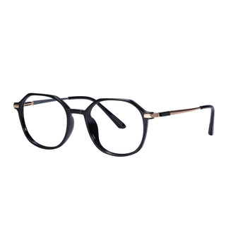 Elegant black glasses on a white surface, representing EyeCandys Vera Round vintage frames with Blue Light Blocking, Transitions and polarized options
