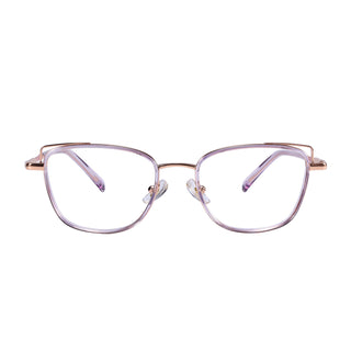 The Kaylee Cat Eye by EyeCandys features stylish, thin, light purple metal frames and rectangular lenses, displayed facing forward on a white background.