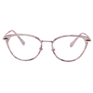 Front view of the EyeCandys Aura Cat Eye—transparent light purple cat-eye glasses with a thin metal bridge—shown on a white background. Ideal for those after stylish, wide-fit eyewear.