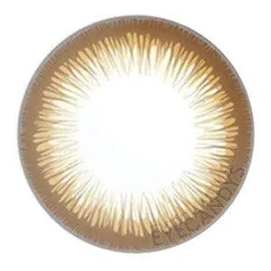 Closeup of Acuvue Define Radiant Bright Brown prescription color contact lens (circle lens) design, showcasing a dark limbal ring, on a white background.