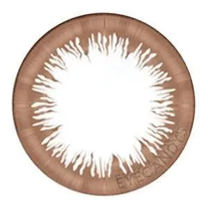 Closeup of a brown daily prescription color contact lens (circle lens) design, showcasing a dark limbal ring, on a white background.