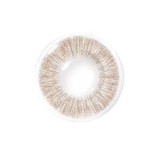 Closeup of a brown acuvue  sheer dream color contact lens (circle lens) design, showcasing a light brown limbal ring, on a white background.
