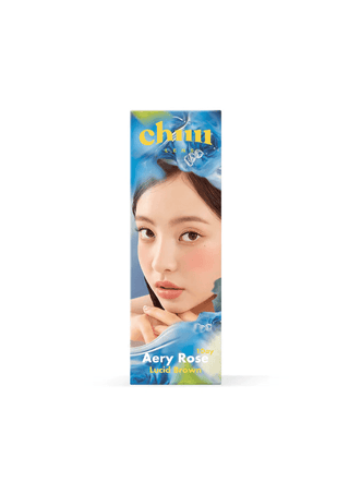 A rectangular box for Chuu Aery Rose Lucid Brown (10pk) daily lenses features a close-up of a young woman with natural makeup on a blue floral background, with "chuu," "1 Day," "Aery Rose," and "Lucid Brown" text.