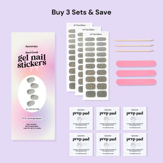 EyeCandys All That Glitters Gel Nail Sticker set includes alcohol prep pads, a wooden stick, and a nail file for easy application. This all-in-one kit ensures a smooth, long-lasting manicure with minimal effort. Perfect for at-home use, these gel nail stickers offer a chip-free finish and come with essential tools for flawless results.