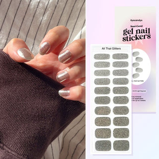 Collage of hand model showcasing the Gel Nail Sticker All That Glitters Design and a flatlay image of the same sticker strip together with the packaging on the side. 