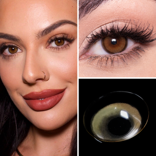 Close-up of a model wearing EyeCandys Amelie Brown colored contacts, highlighting the warm hazel tones that enhance the natural eye color with a subtle and radiant look.