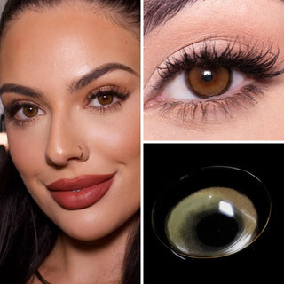 EyeCandys Amelie Biscuit Brown prescription colored contact lenses on a dark eyes and Macro shot of lens