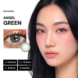 Female model wearing EyeCandys Pink Label Angel Green contact lenses with subtle green gradient and defined eye enhancement