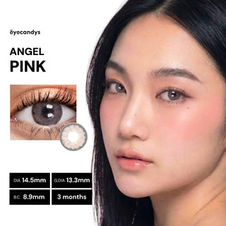 Close-up of model showcasing EyeCandys Angel Pink lenses featuring brightening circle design and natural iris enhancement
