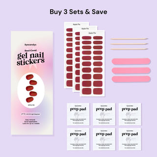 EyeCandys Apple Pie Gel Nail Sticker set includes alcohol prep pads, a wooden stick, and a nail file for easy application. This all-in-one kit ensures a smooth, long-lasting manicure with minimal effort. Perfect for at-home use, these gel nail stickers offer a chip-free finish and come with essential tools for flawless results.