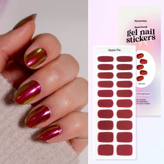 Collage featuring a hand model showcasing the EyeCandys Gel Nail Sticker 'Apple Pie' design, along with an overhead image of the same sticker strip and packaging. Perfect for effortless, glamorous nail art with long-lasting wear