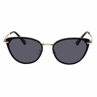 The EyeCandys Aura Cat Eye sunglasses feature black cat-eye frames, dark lenses, and gold accents on the temples and bridge, shown from the front against a white background.