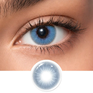 Detailed eye shot wearing EyeCandys Aura Blue Grey blue grey colored contact lens