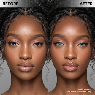 Side-by-side comparison of a woman's face: her left shows natural brown eyes, while her right displays a stunning transformation with EyeCandys Aura Green Grey contact lenses from EyeCandys.