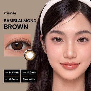 EyeCandys Bambi Almond Brown colored contact lenses worn by female model, featuring soft doll-eyed brown eyes with product specifications displayed.