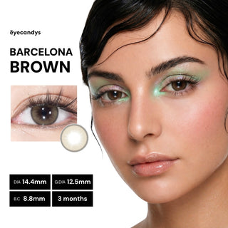 Beauty close-up of model wearing EyeCandys Pink Label Barcelona Brown lenses with subtle depth and realistic eye color blend