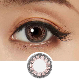Collage showing Close-up shot of a model eye wearing Lacelle Colors Sparkling Gold colored contact lens in one eye that is naturally dark-brown with natural eye make up and lashes, Single Lacelle Colors Sparkling Gold contact lens on a white surface showing the pixel detail