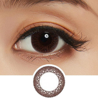 Collage showing Close-up shot of a model eye wearing ﻿Lacelle Dazzle Ring Glittering Brown colored contact lens in one eye that is naturally dark-brown with natural eye make up and lashes, Single ﻿﻿Lacelle Dazzle Ring Glittering Brown contact lens on a white surface showing the pixel detail - EyeCandys