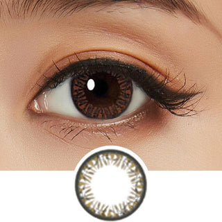 Collage showing Close-up shot of a model eye wearing Lacelle Diamond Gold Champagne colored contact lens in one eye that is naturally dark-brown with natural eye make up and lashes, Single Lacelle Diamond Gold Champagne contact lens on a white surface showing the pixel detail