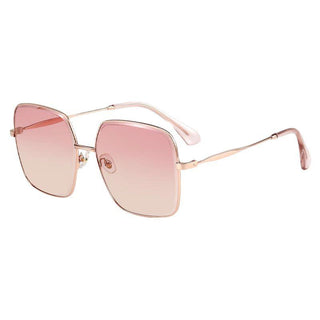 The EyeCandys Bermuda Oversized Square Sunglasses feature large, gradient-tinted lenses that transition from Glacier at the top to Pink Swizzle at the bottom. The thin, metallic frame boasts a luxurious rose gold finish, combining style and elegance seamlessly.
