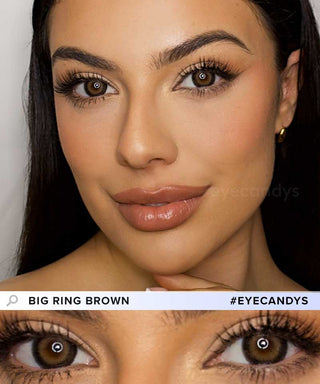 A female model with natural dark eyes wearing EyeCandys Pink Label Big Ring Brown contact lenses, complemented by subtle eyeshadow and redlipstick and Close-up image showcases the model's eyes adorned with the same brown contact lenses