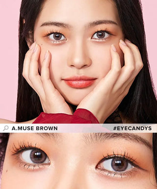Model showcasing the natural look using Olola Blow Sunset Pink (KR) prescription color contacts, above a closeup of a pair of eyes transformed by the color contact lenses