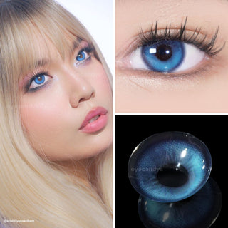 Series of images featuring model wearing EyeCandys Bunnie Jelly Blue contact lenses – full face, close-up of eyes with long lashes, and lens macro. Translucent aqua tones with dewy, glassy finish, soft limbal ring, and luminous, natural glow.