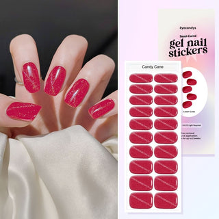 Collage of hand model showcasing the Gel Nail Sticker Candy Cane Design and a flatlay image of the same sticker strip together with the packaging on the side. 