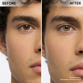 EyeCandys Cashmere Hazel prescription colored contact lens worn by male model, subtle hazel tone, best contact lens choice, value contact lens price