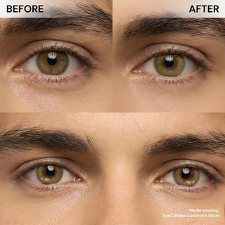EyeCandys Cashmere Hazel contact lens before and after comparison, natural eye color enhancement, best contact lens choice, budget-friendly contact lens price