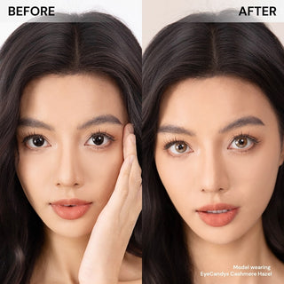 Model before and after wearing EyeCandys Cashmere Hazel prescription colored contact lenses - natural makeup, warm hazel eye transformation, comfortable daily wear, trendy cosmetic lenses for natural eye enhancement