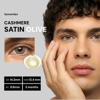 Male model wearing EyeCandys Cashmere Satin Olive prescription colored contact lens, vibrant and natural look, best contact lens for daily wear, affordable contact lens price