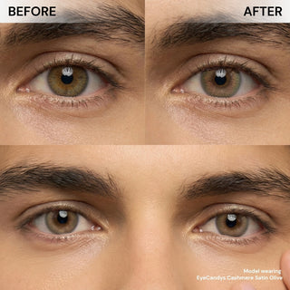 Male wearing EyeCandys Cashmere Satin Olive colored contact lens, prescription lens for daily wear, top-rated best contact lens, affordable contact lens price