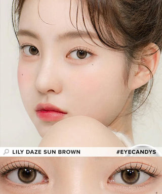 Asian model demonstrating a K-idol-inspired look with Chuu Lily Daze Sun Brown coloured contact lenses, highlighting the instant brightening and enlarging effect of the circle contact lenses over dark irises.