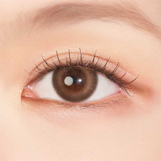 Model’s eye featuring EyeCandys Clalen Canola Brown Oversea contact lenses, showcasing a warm brown color with a darker brown outer ring for enhanced definition. These lenses create a natural, striking eye look while offering comfort for all-day wear